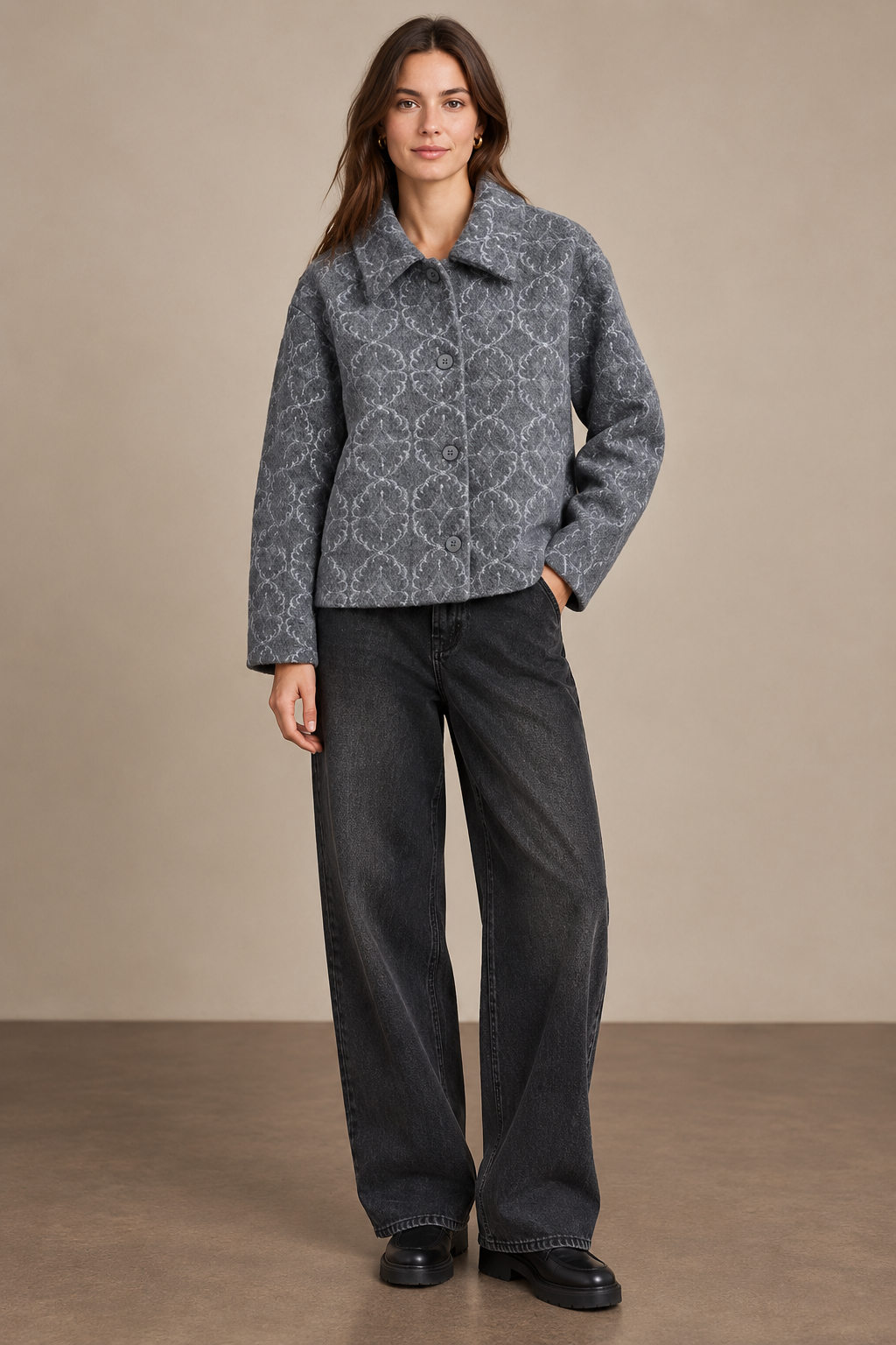 Women's Short Jacket in Ornamental Pattern Wool - 6138