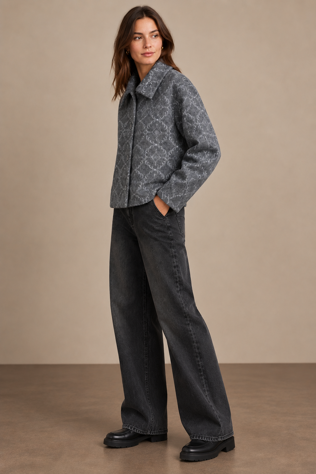 Women's Short Jacket in Ornamental Pattern Wool - 6138