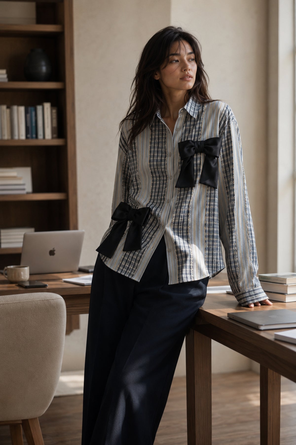 Blusa de mujer a rayas y cuadros patchwork con lazos de satén - 6161