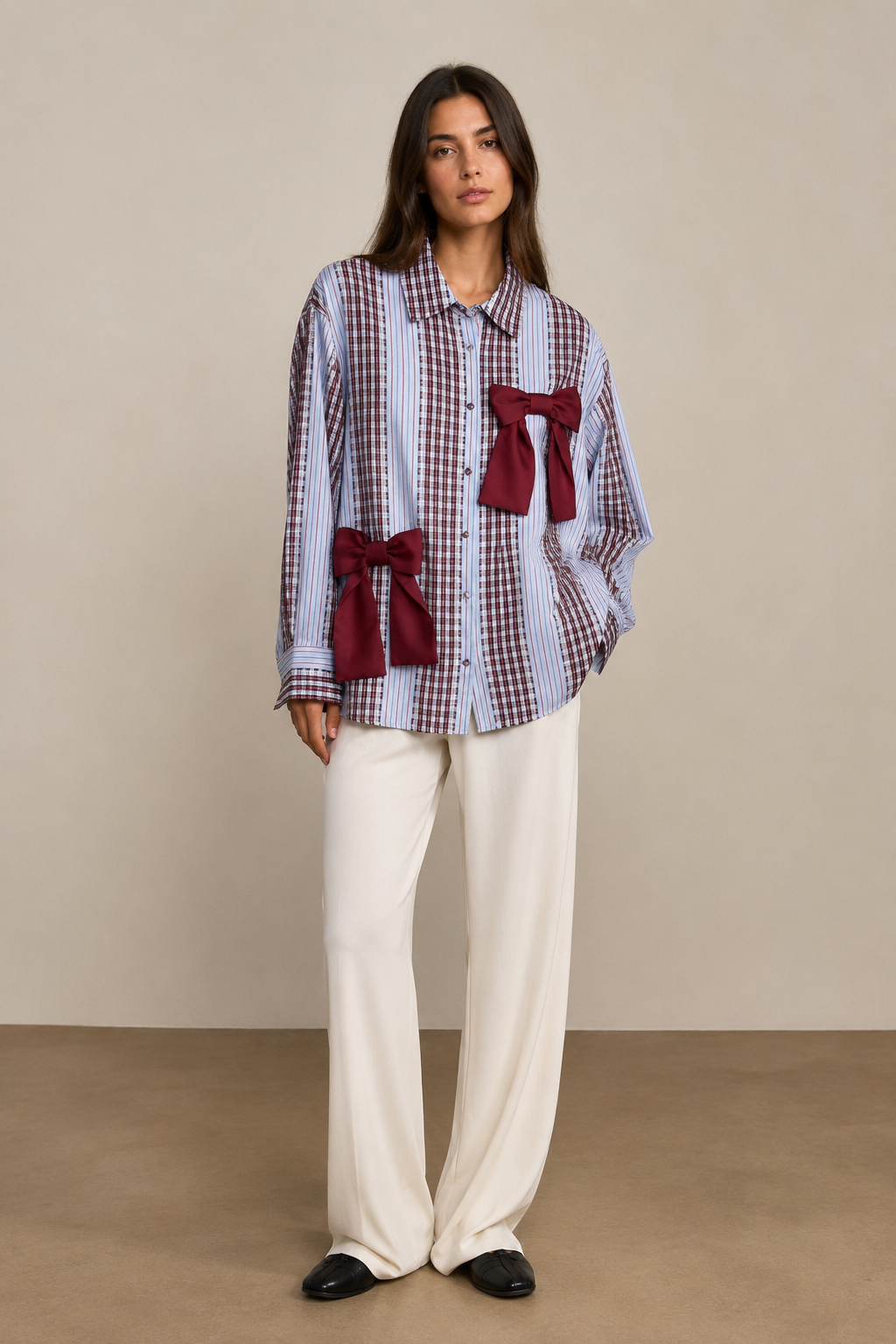 Blusa de mujer a rayas y cuadros patchwork con lazos de satén - 6161