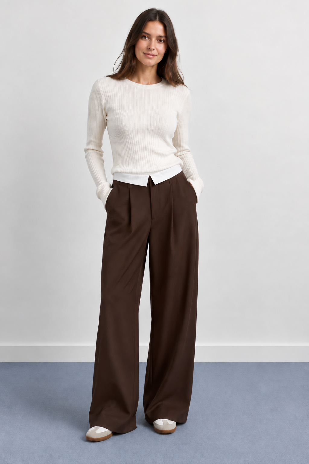 Pantalon Large à Revers Contrastant à la Taille - 6162