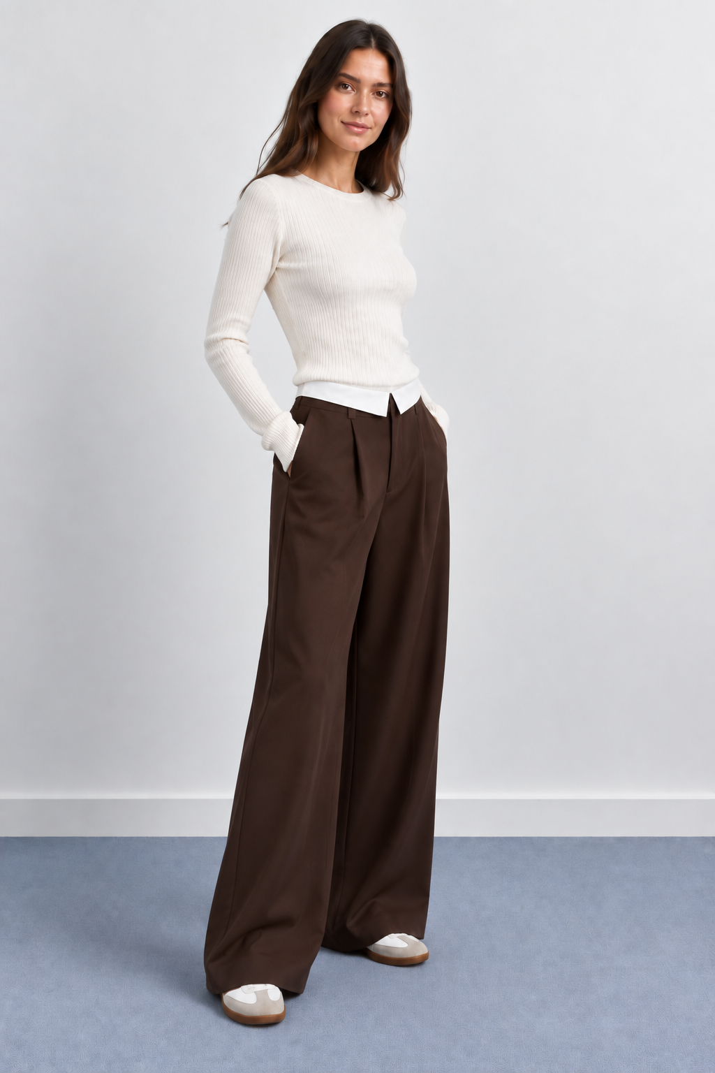 Pantalon Large à Revers Contrastant à la Taille - 6162
