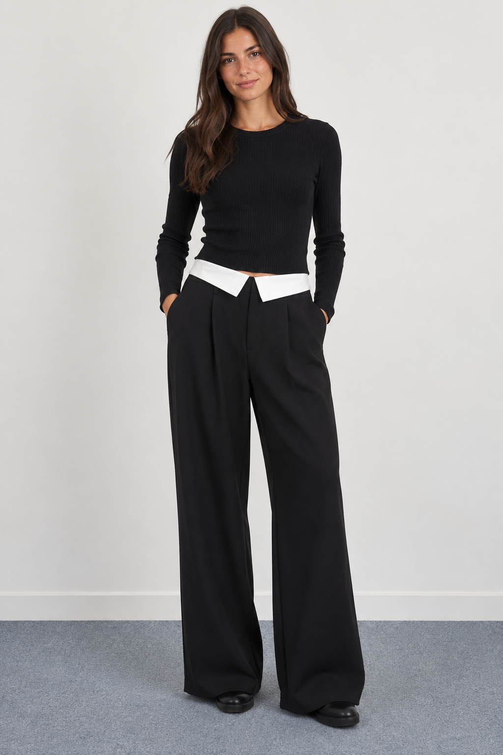 Pantalon Large à Revers Contrastant à la Taille - 6162