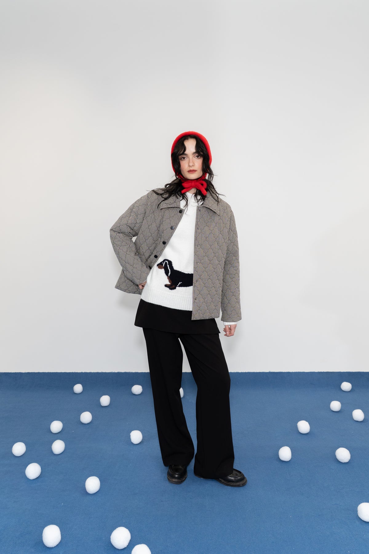 Checked Quilted Jacket with Large Collar - 6171