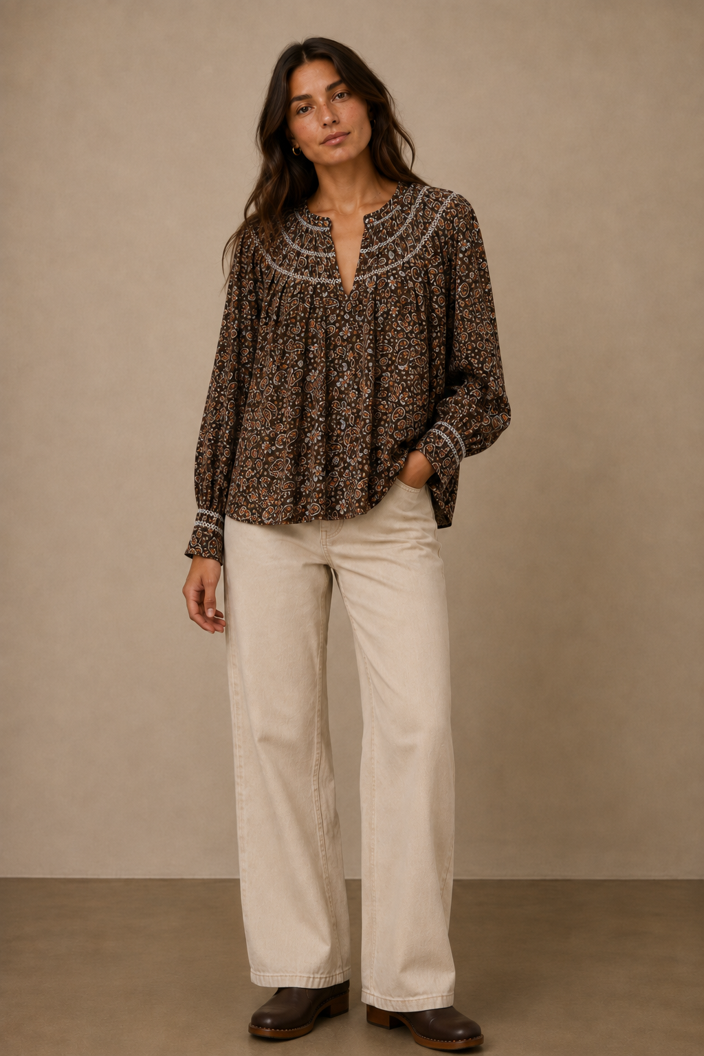 Blusa Estampado Paisley con Canesú Fruncido - 6177
