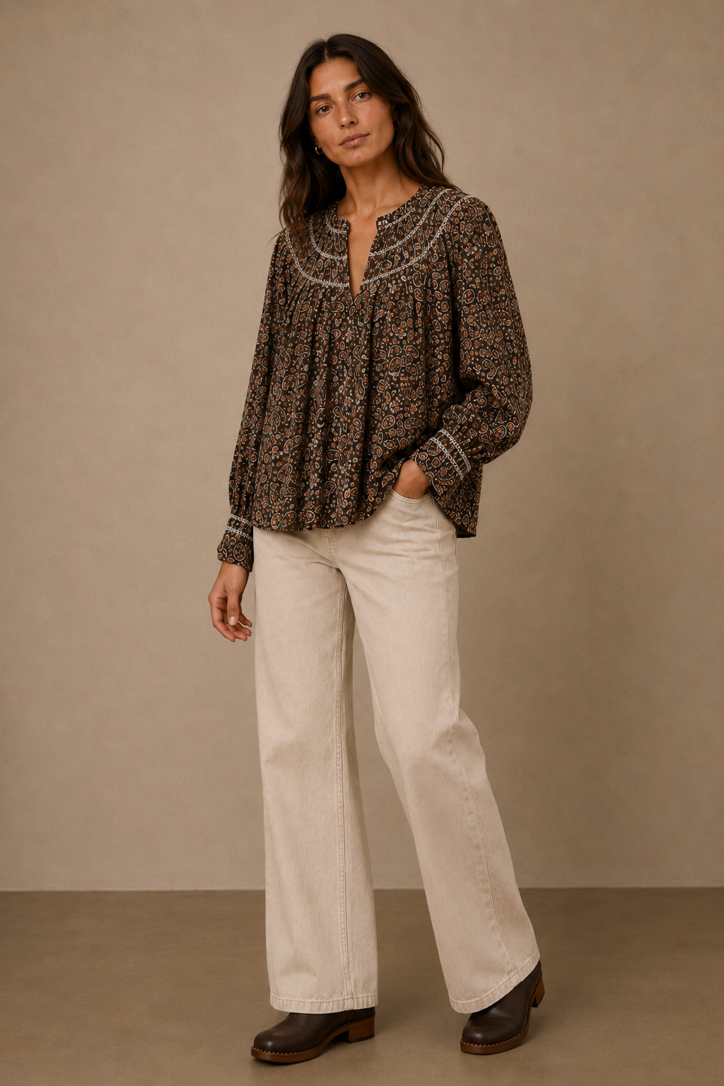 Blusa Estampado Paisley con Canesú Fruncido - 6177