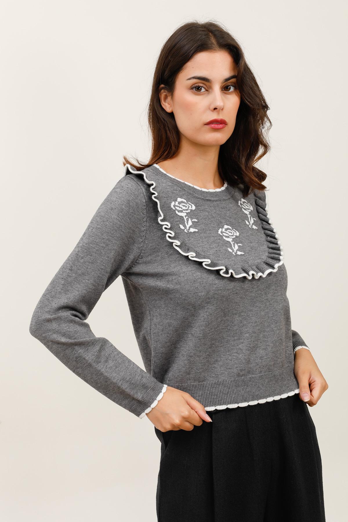 Jersey de punto con cuello redondo y estampado floral para mujer - A1563