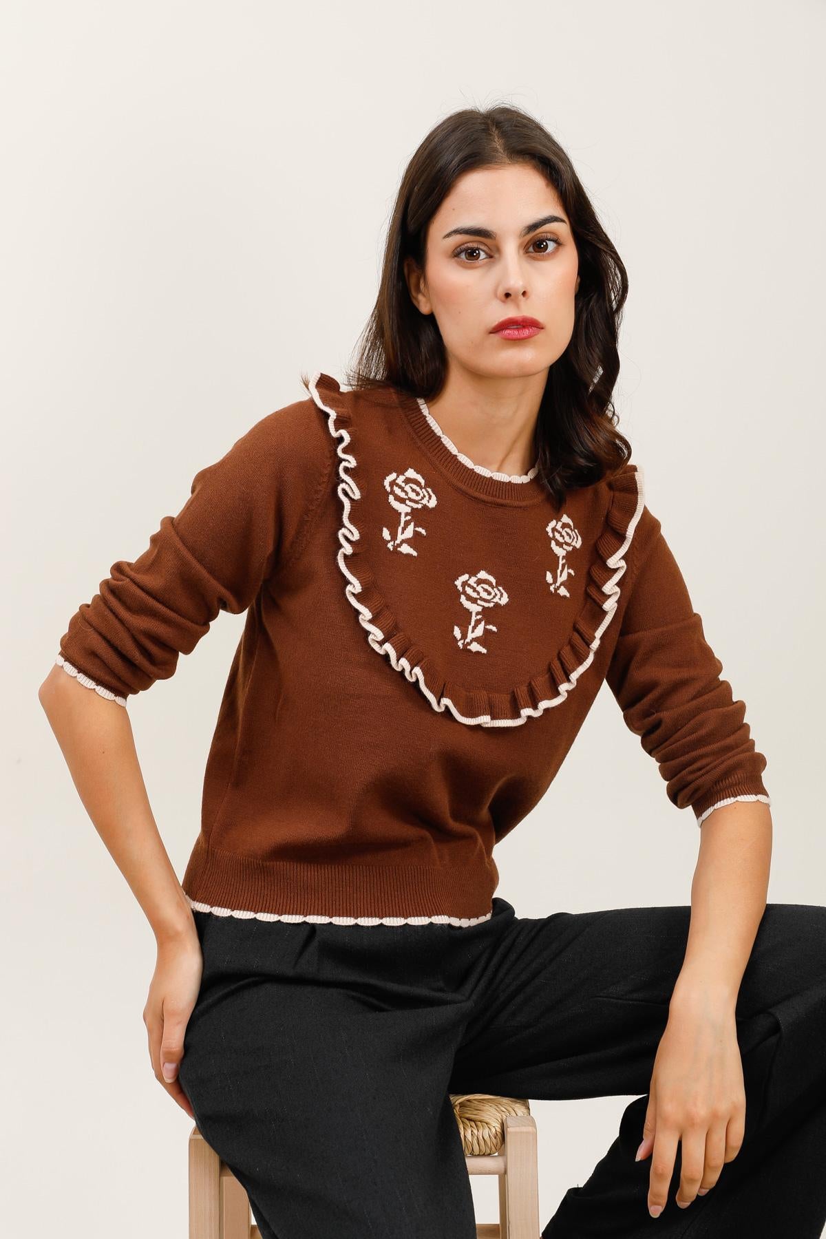 Jersey de punto con cuello redondo y estampado floral para mujer - A1563