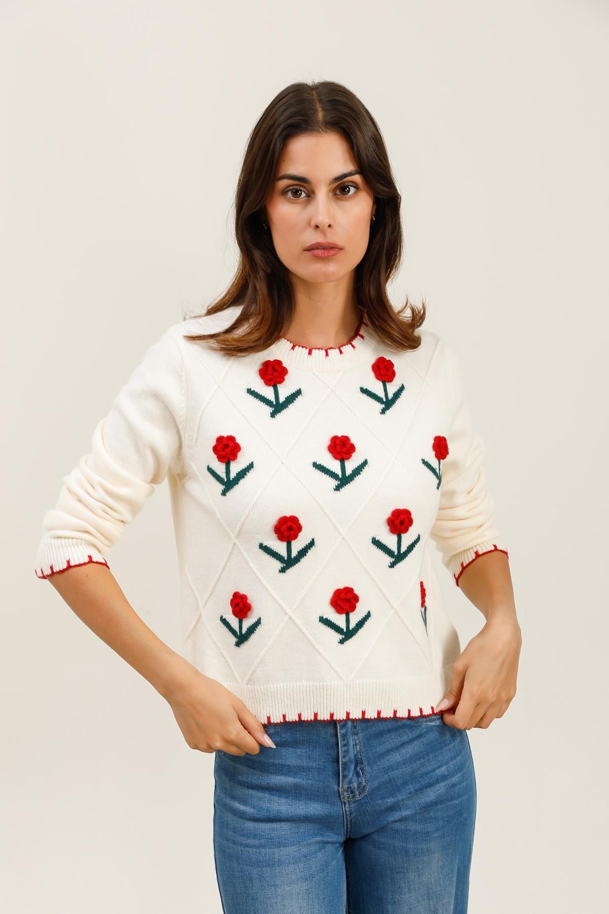 A1573 Pull brodé fleurs