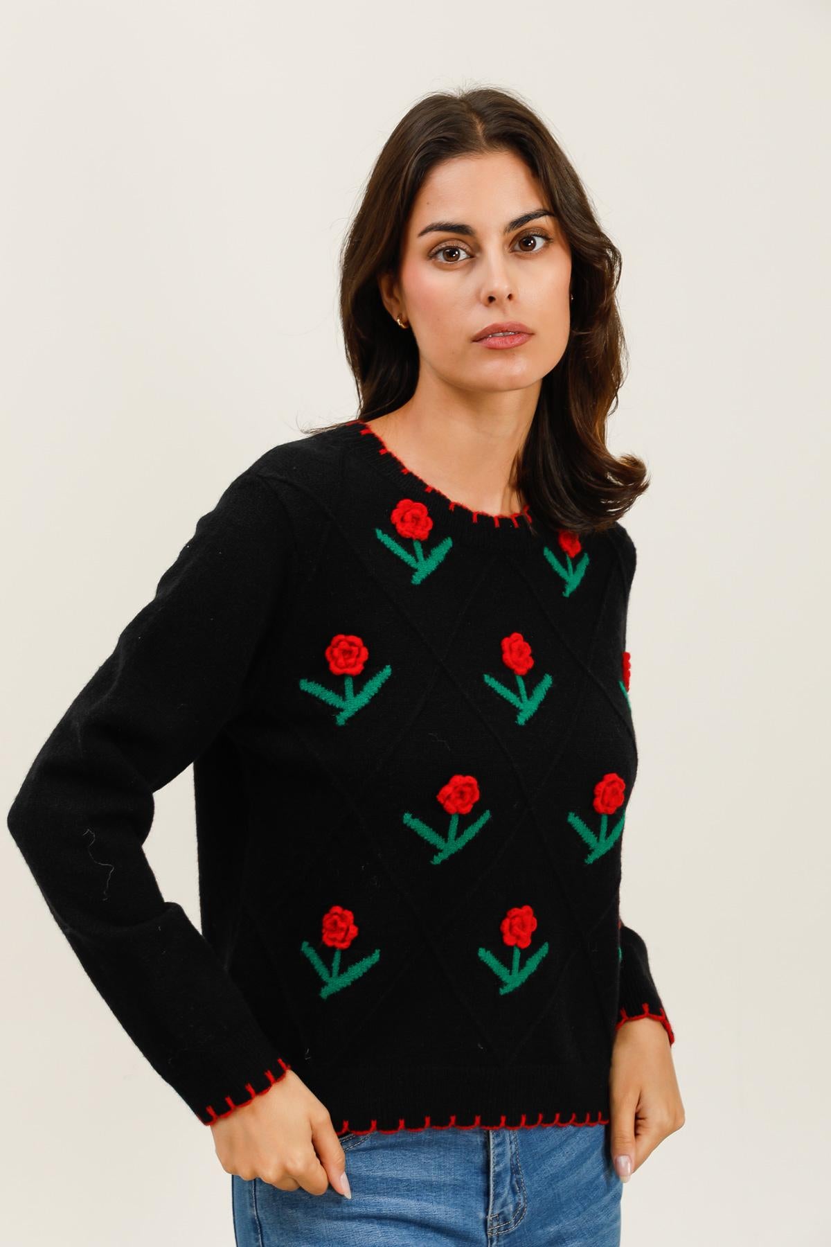 A1573 Pull brodé fleurs