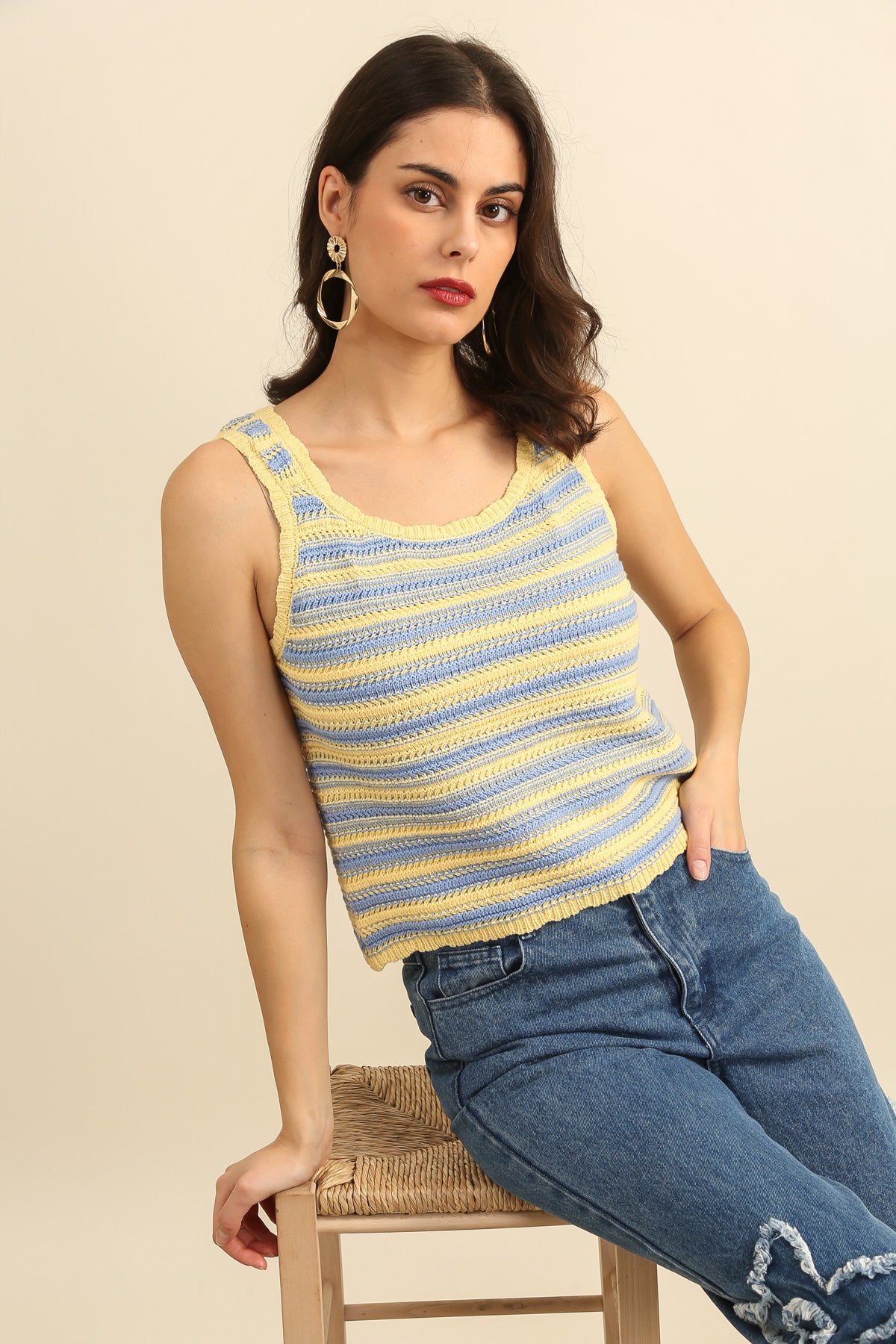 A1599 Top sin mangas de punto a rayas multicolor verano