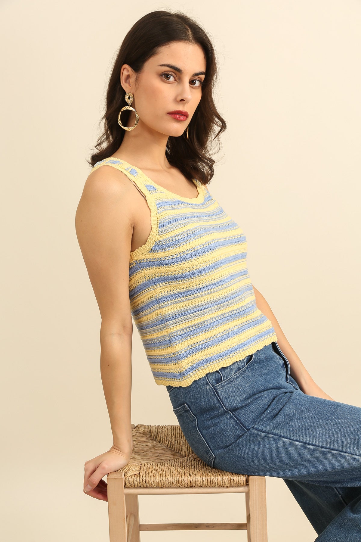 A1599 Top sin mangas de punto a rayas multicolor verano