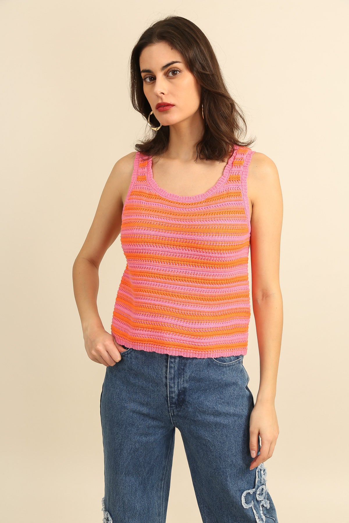 A1599 Top sin mangas de punto a rayas multicolor verano