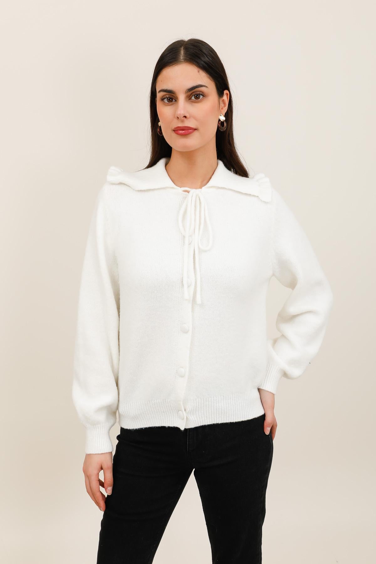 Knitted Cardigan with Large Pleated Collar and Tie Fastenings - A1615