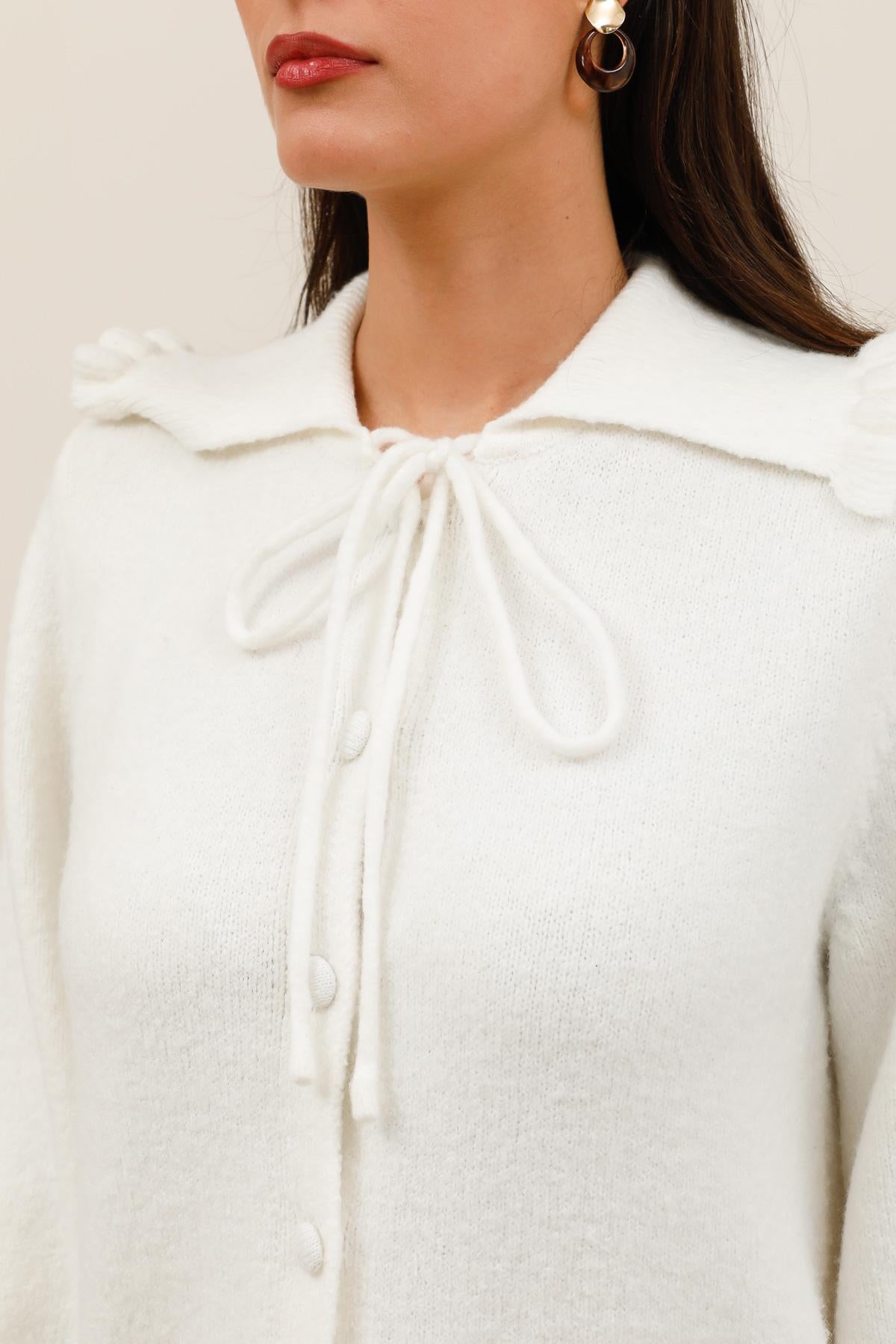Knitted Cardigan with Large Pleated Collar and Tie Fastenings - A1615