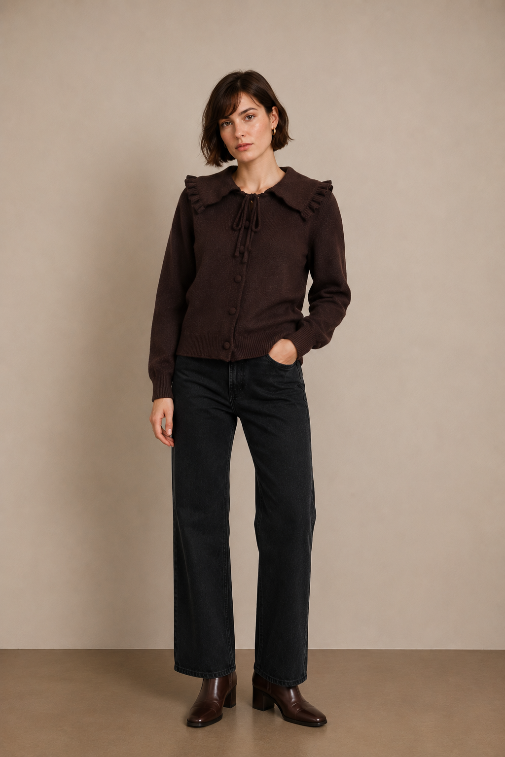 Knitted Cardigan with Large Pleated Collar and Tie Fastenings - A1615