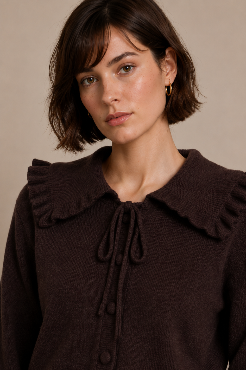 Knitted Cardigan with Large Pleated Collar and Tie Fastenings - A1615