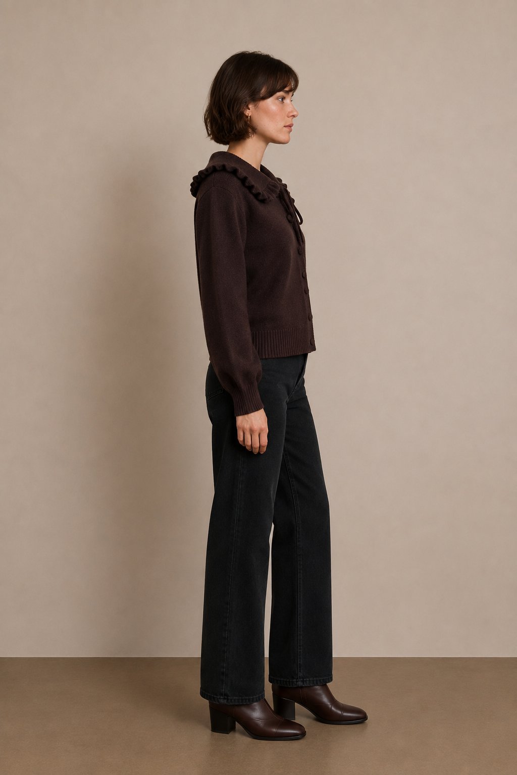 Knitted Cardigan with Large Pleated Collar and Tie Fastenings - A1615