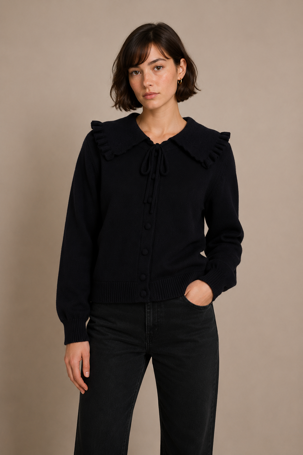 Knitted Cardigan with Large Pleated Collar and Tie Fastenings - A1615