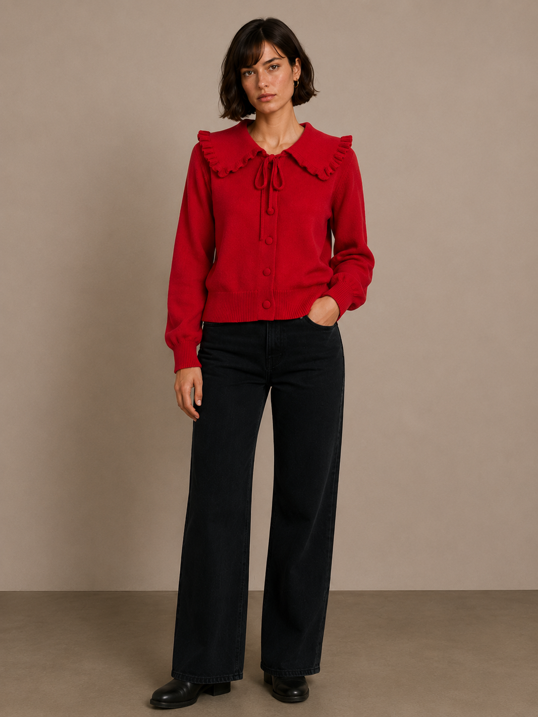 Knitted Cardigan with Large Pleated Collar and Tie Fastenings - A1615