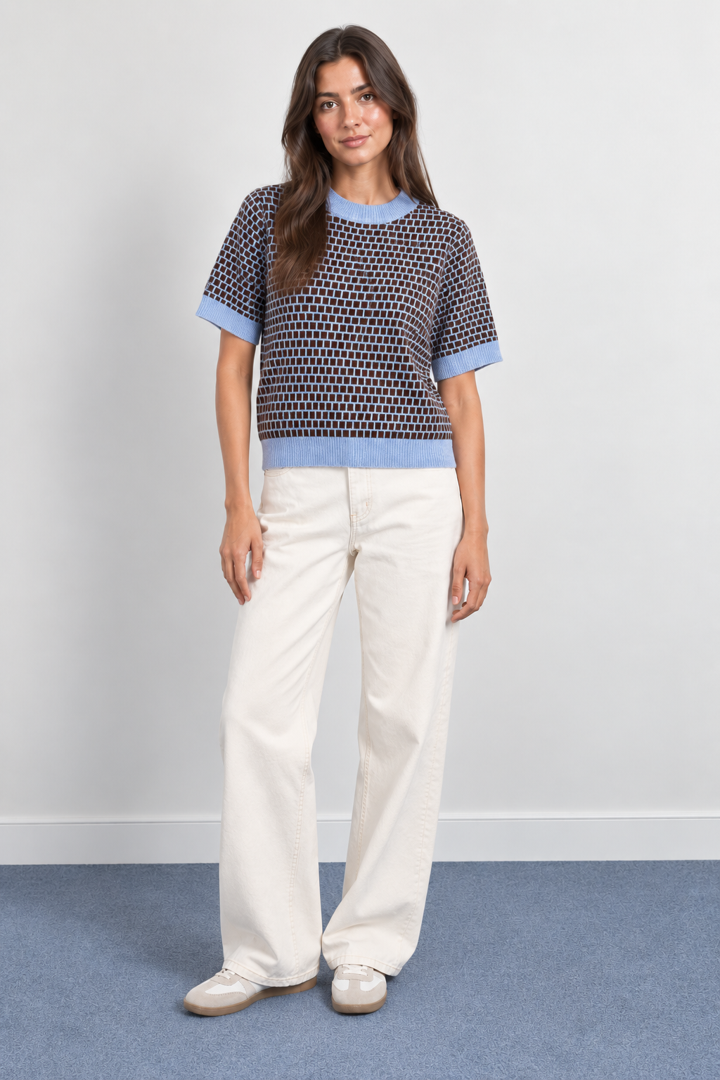 Contrast Houndstooth Short-Sleeve Mesh Top - A1616