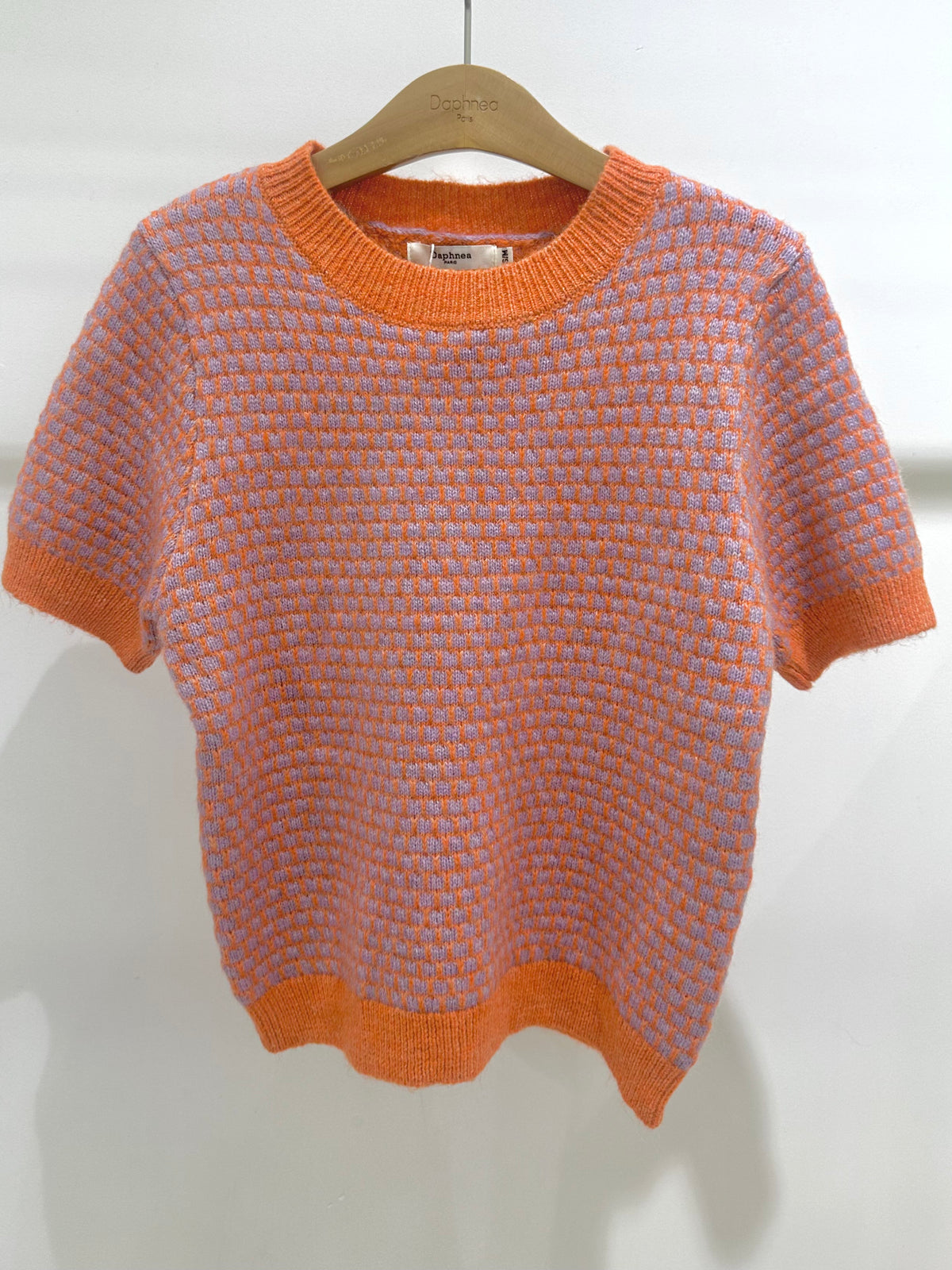Contrast Houndstooth Short-Sleeve Mesh Top - A1616