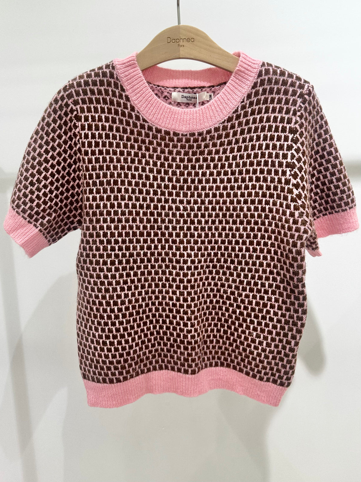 Contrast Houndstooth Short-Sleeve Mesh Top - A1616