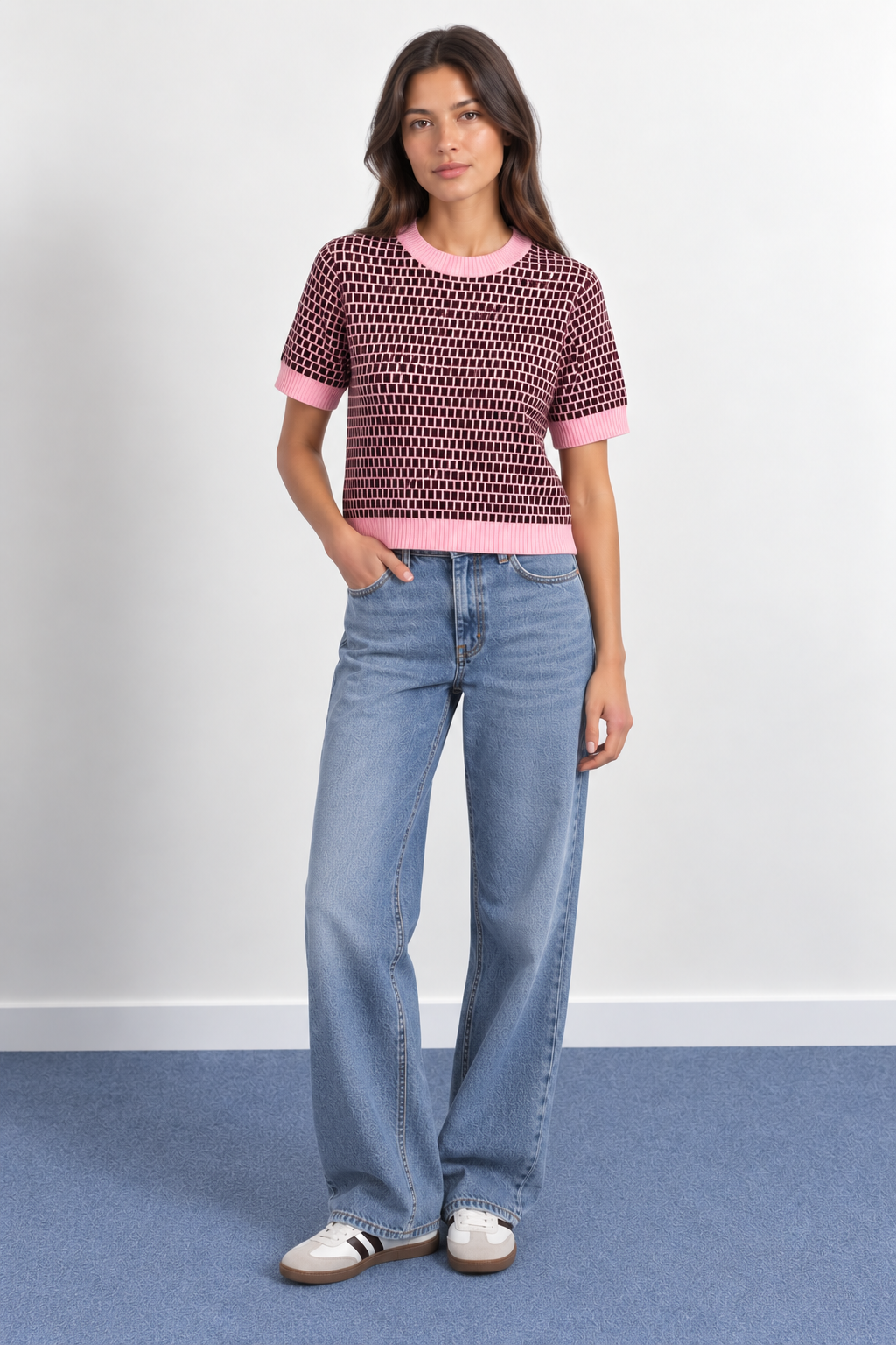 Contrast Houndstooth Short-Sleeve Mesh Top - A1616
