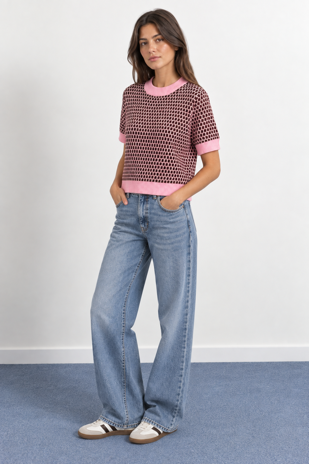 Contrast Houndstooth Short-Sleeve Mesh Top - A1616