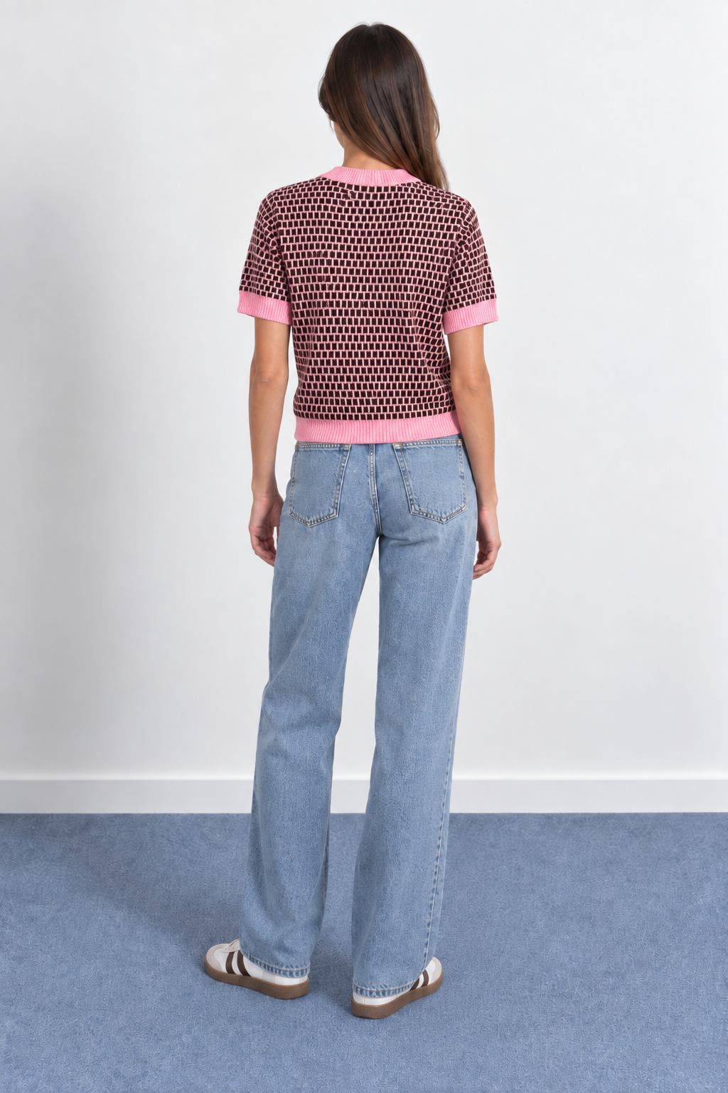 Contrast Houndstooth Short-Sleeve Mesh Top - A1616