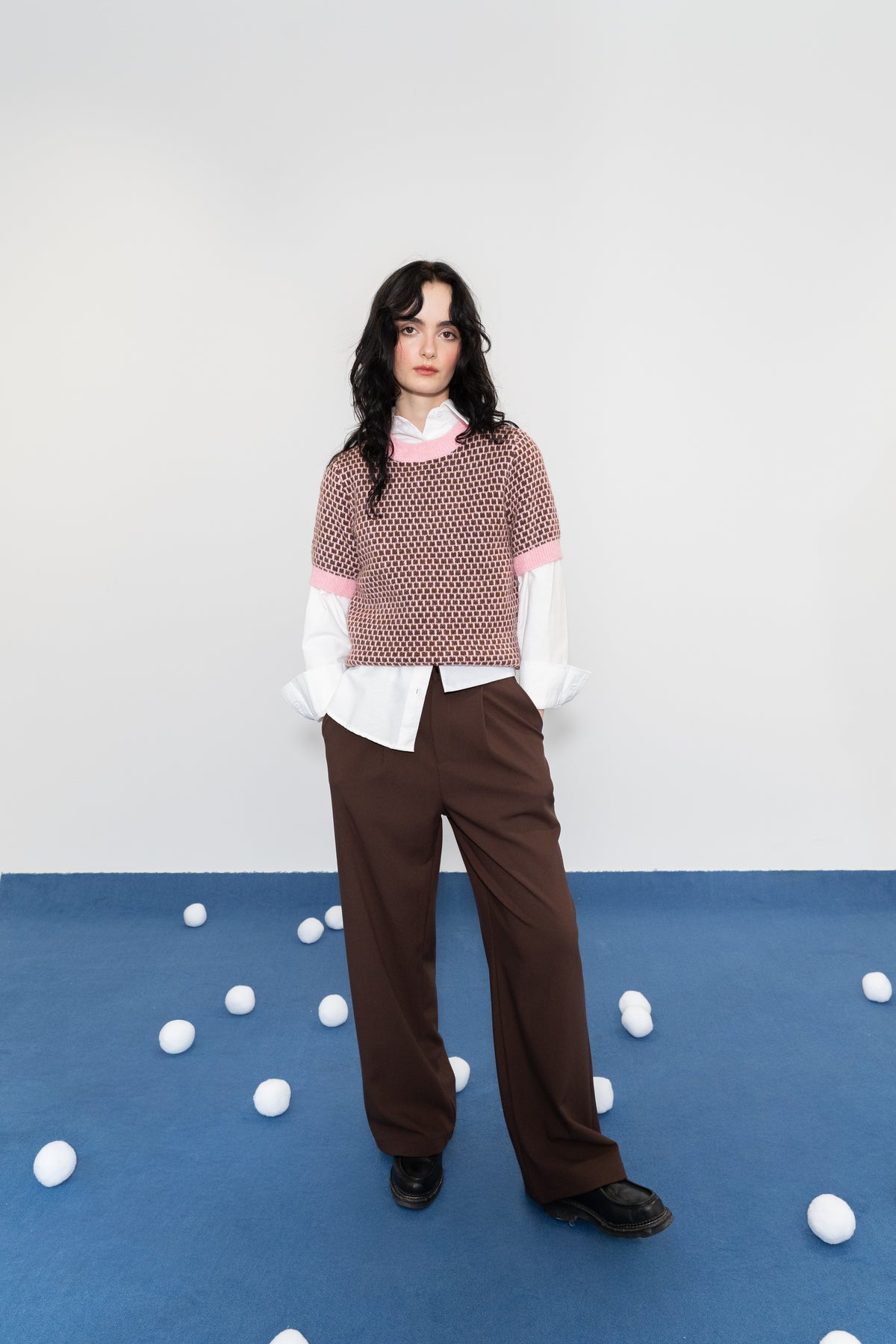 Contrast Houndstooth Short-Sleeve Mesh Top - A1616
