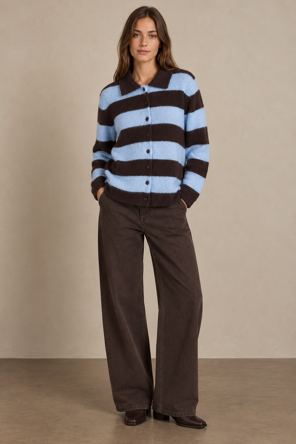Fluffy Striped Knitted Cardigan with Shirt Collar - A1617