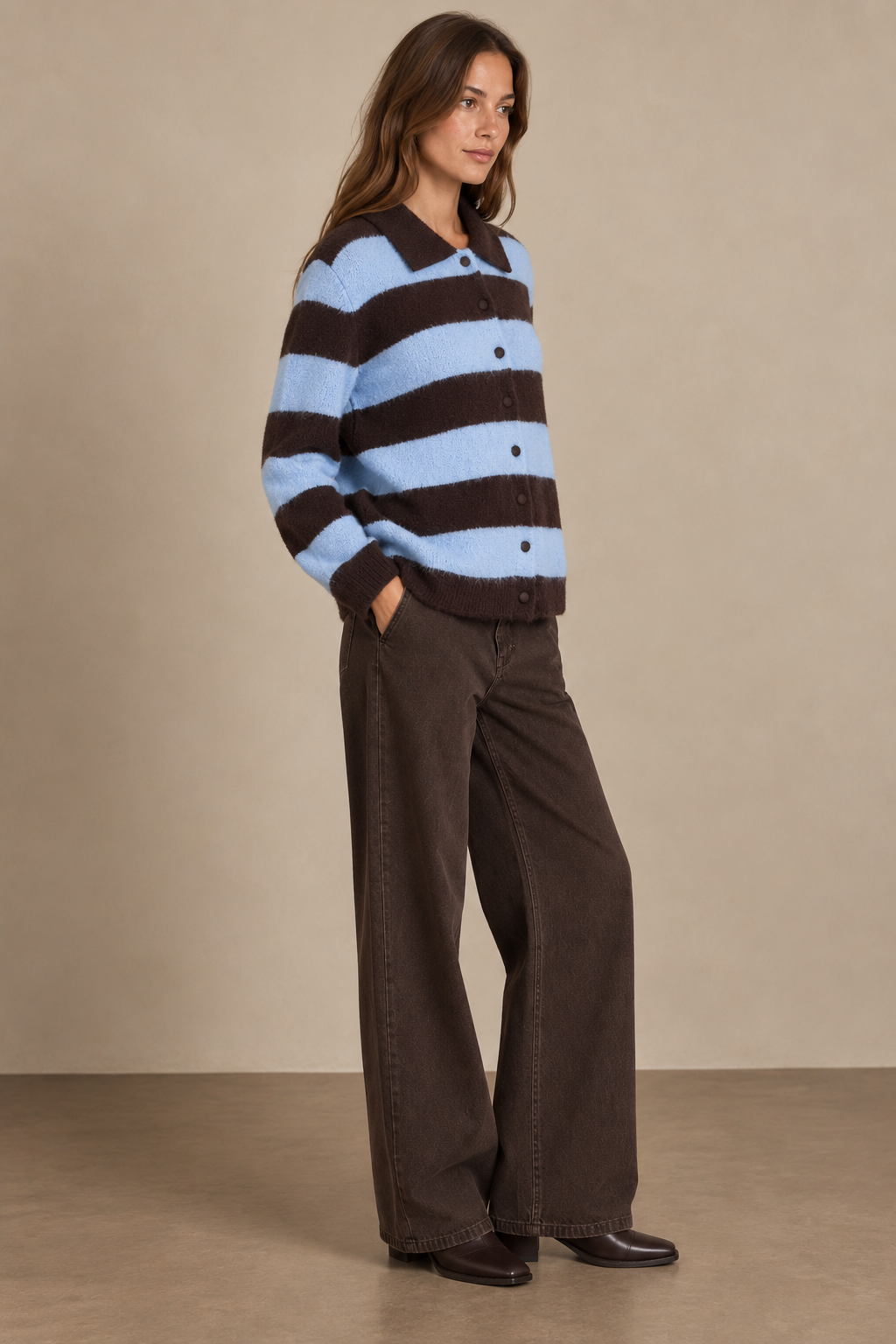 Fluffy Striped Knitted Cardigan with Shirt Collar - A1617