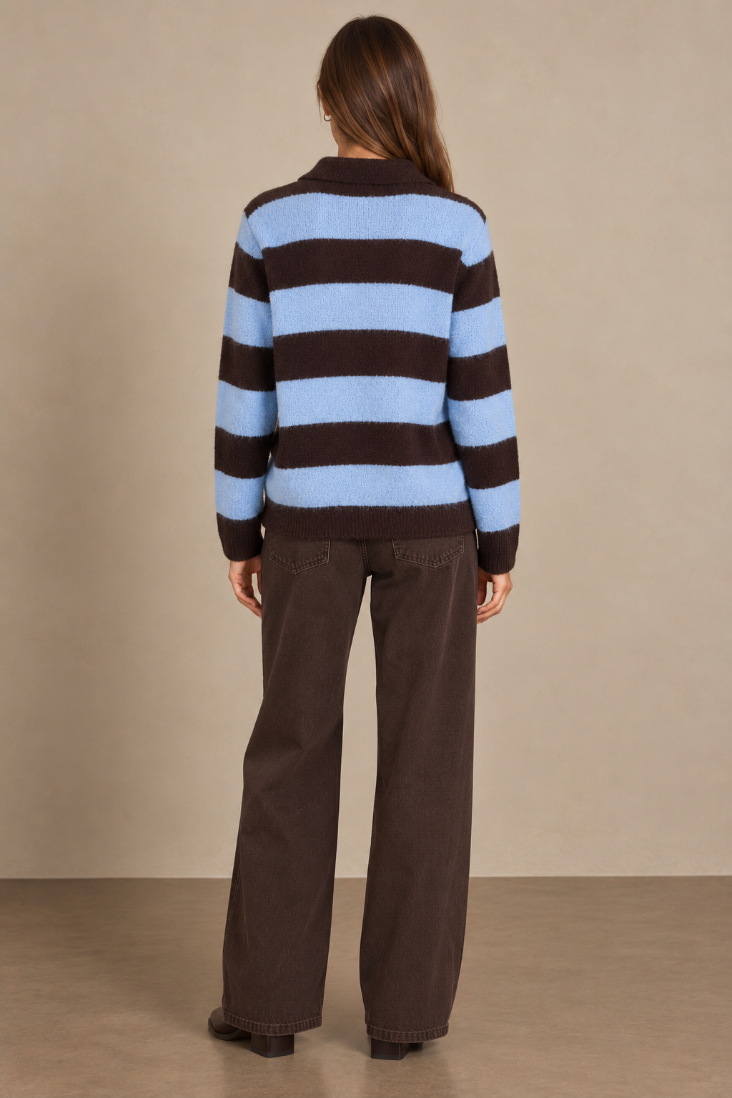 Fluffy Striped Knitted Cardigan with Shirt Collar - A1617