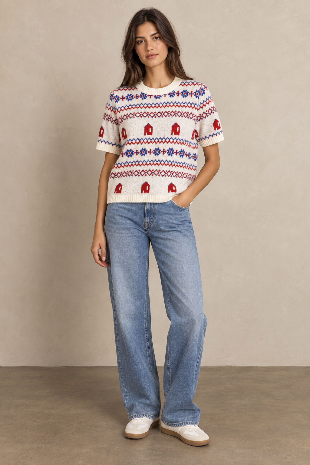 Short-Sleeve Knit Top with House Pattern - A1619