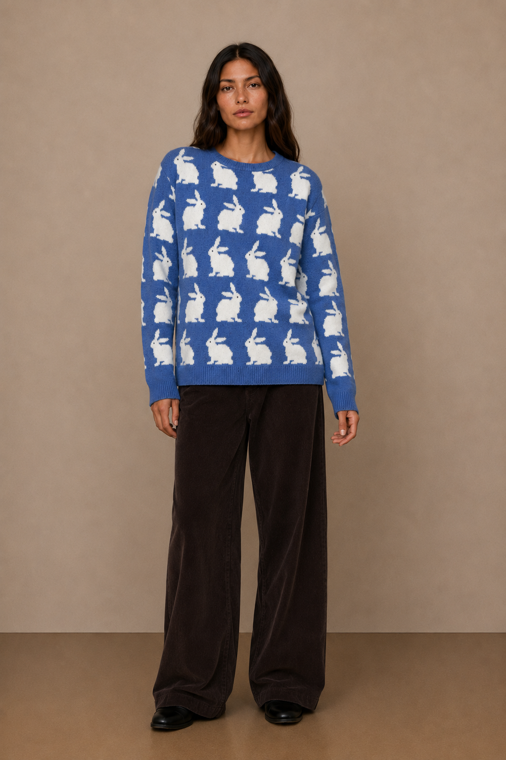 Contrasting Rabbit Motif Knit Sweater - A1620