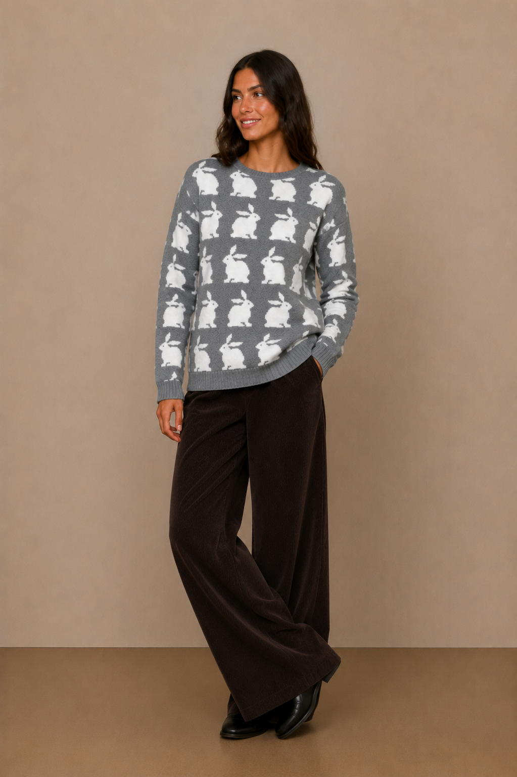 Contrasting Rabbit Motif Knit Sweater - A1620