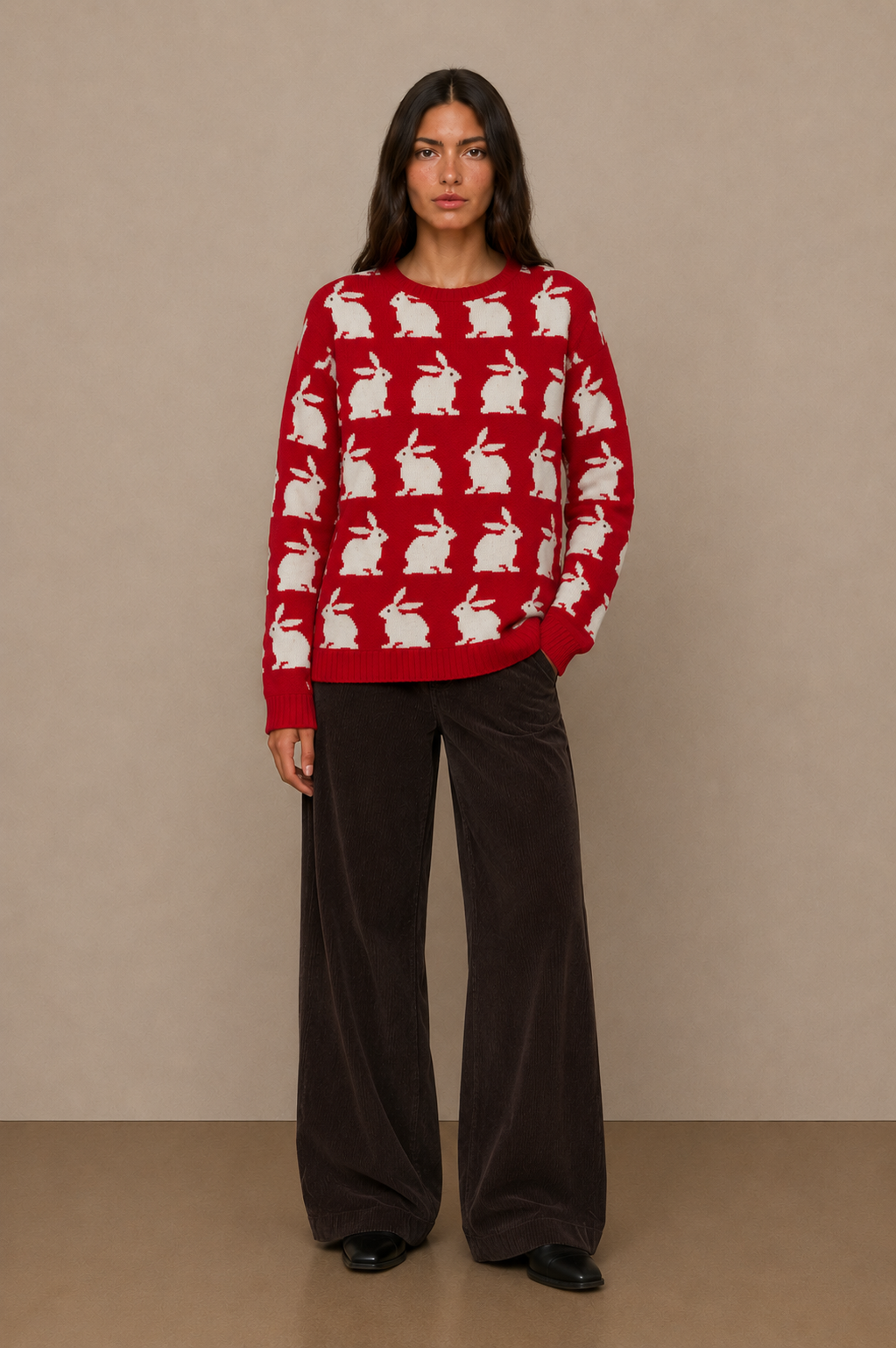 Contrasting Rabbit Motif Knit Sweater - A1620