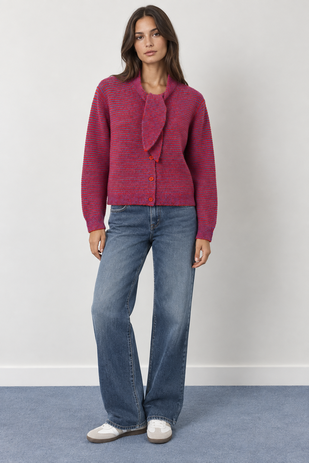 Striped Knit Cardigan with Bow Neck - A1621
