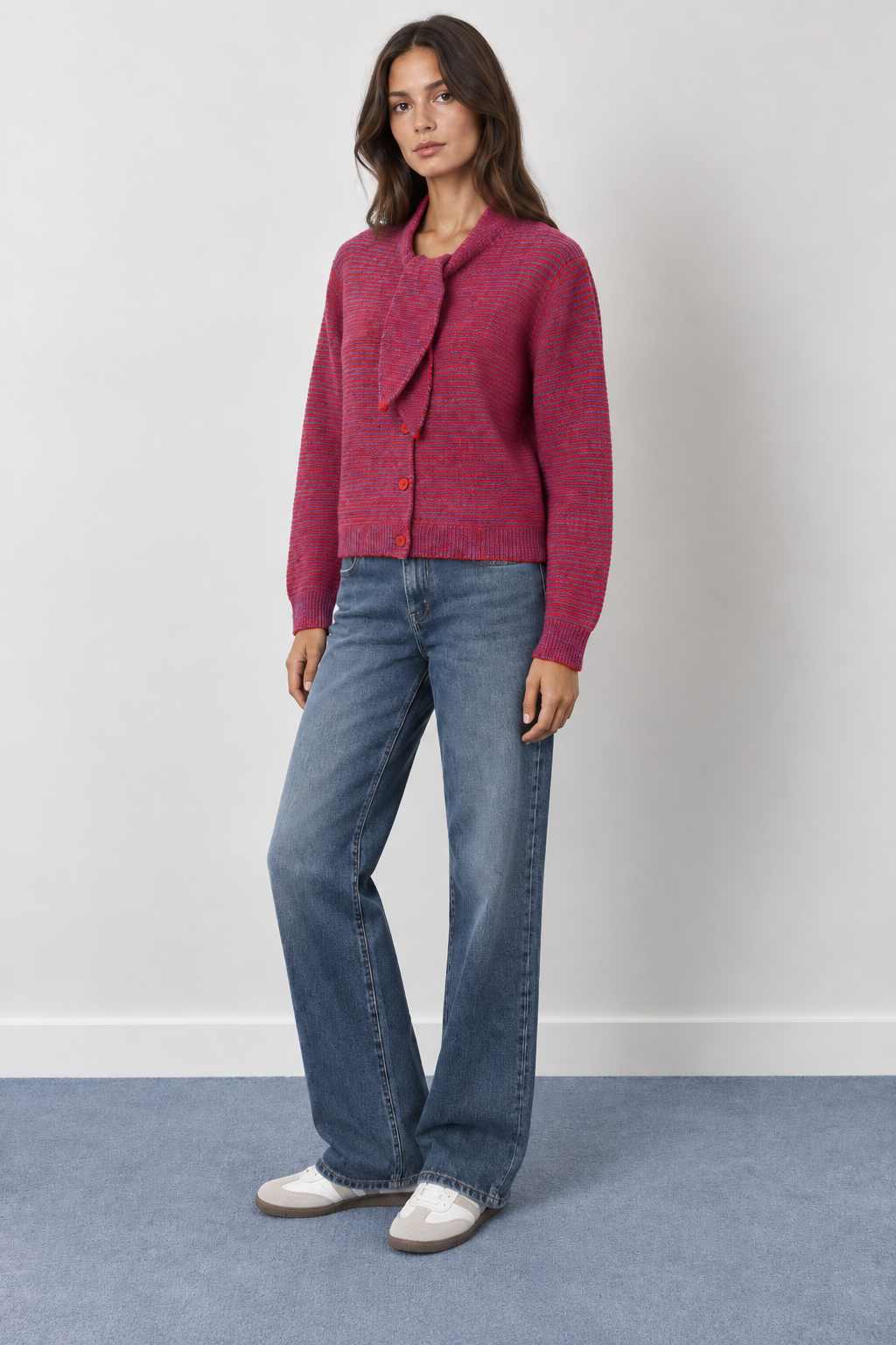 Striped Knit Cardigan with Bow Neck - A1621