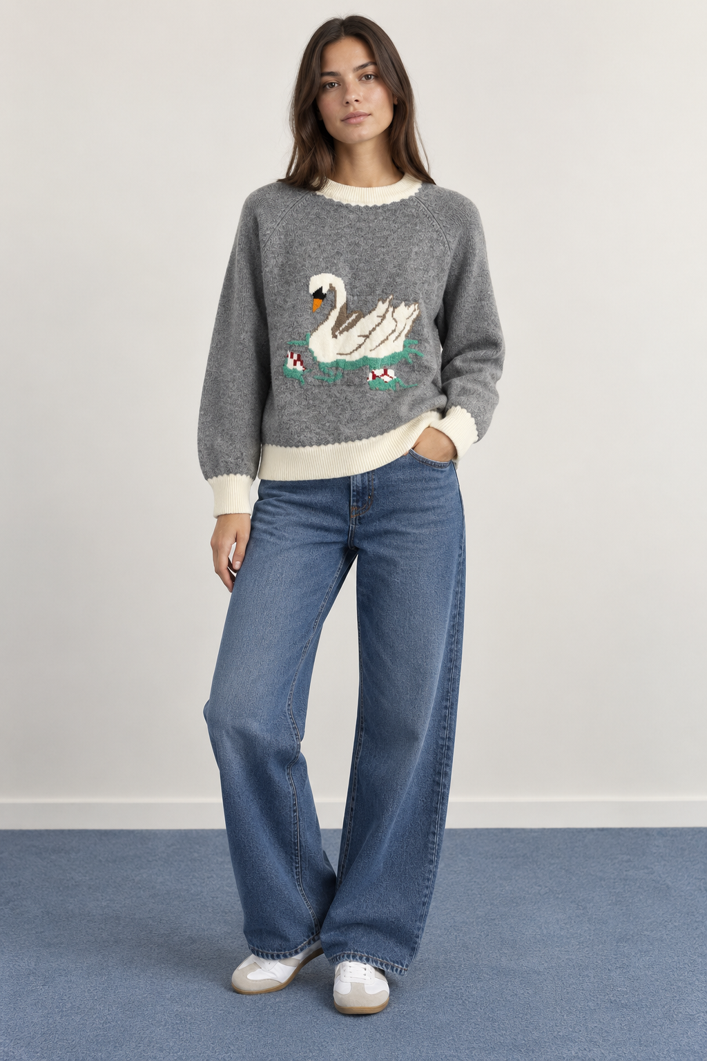 Swan Pattern Knit Sweater - A1625