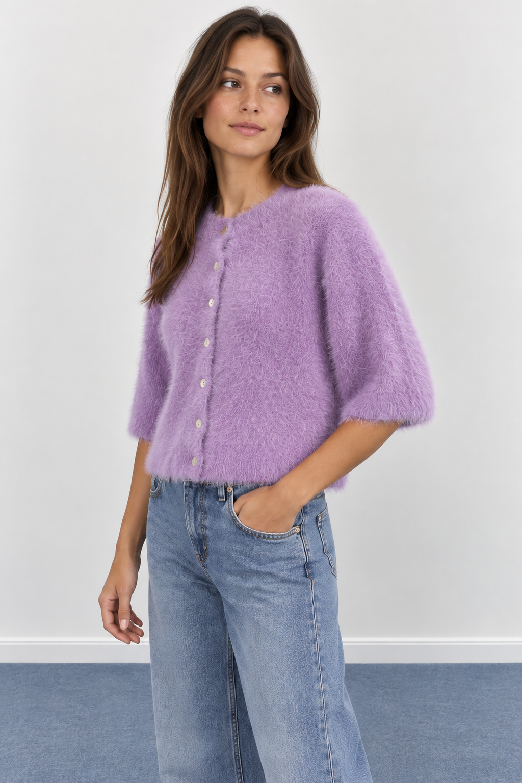 Fluffy Knit Short Sleeve Cardigan - A1627
