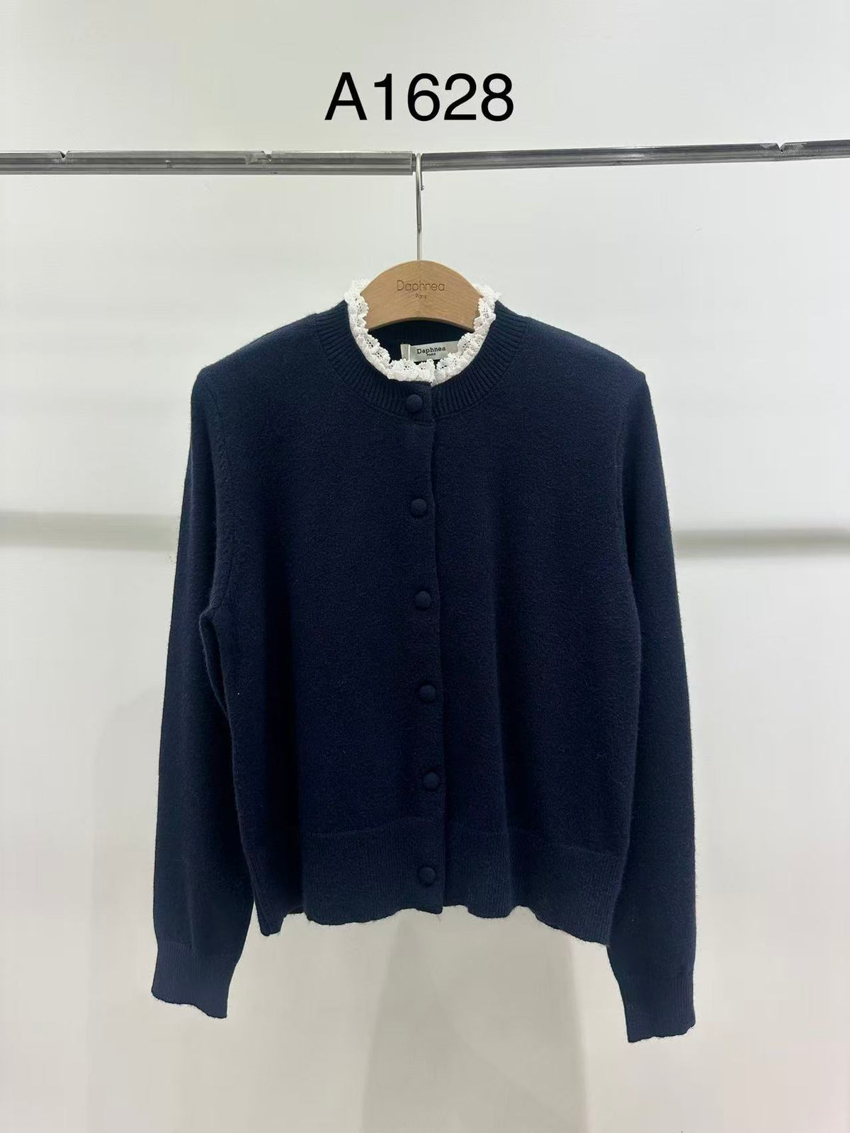 Knitted Cardigan with Lace Collar and Covered Buttons - A1628