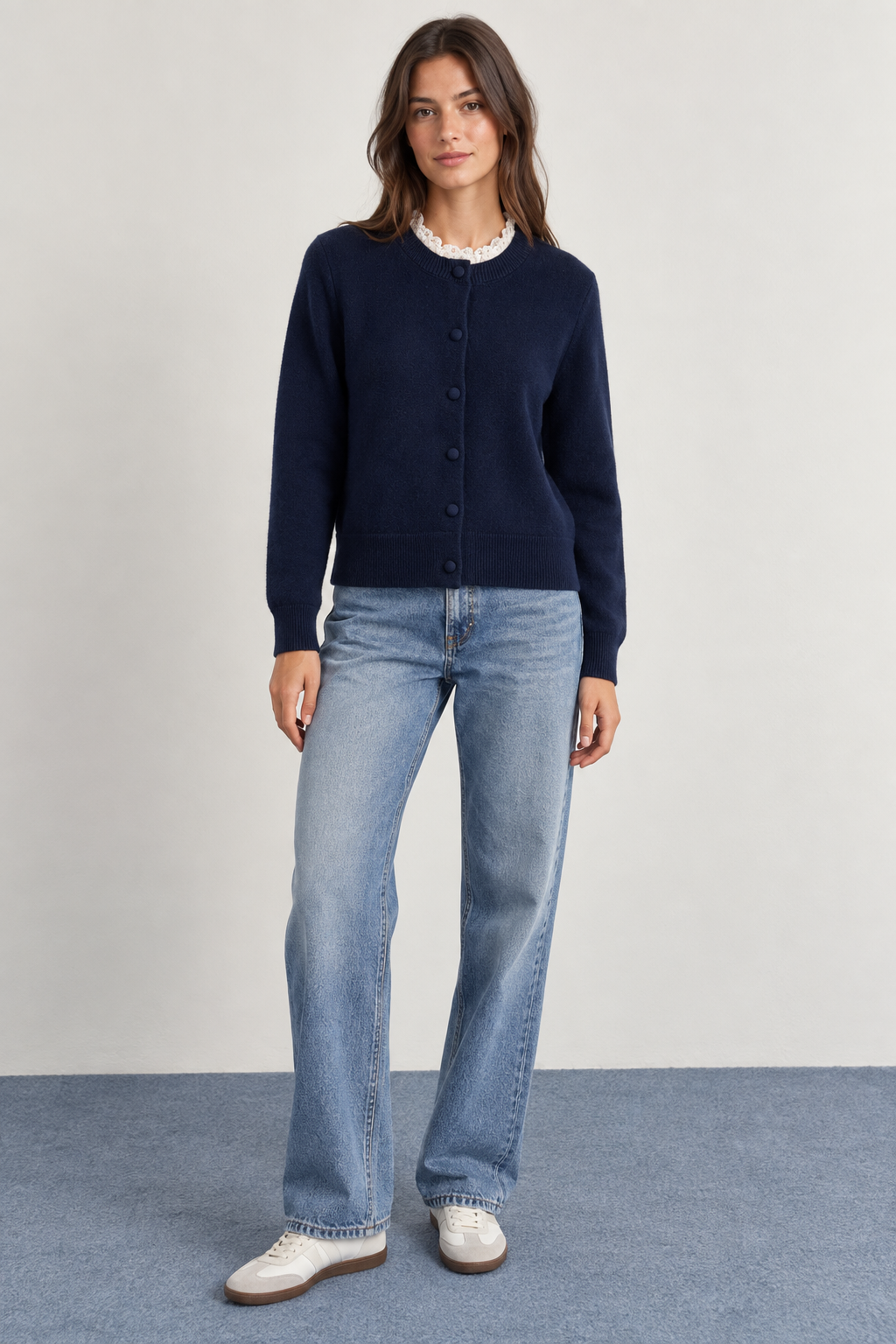Knitted Cardigan with Lace Collar and Covered Buttons - A1628