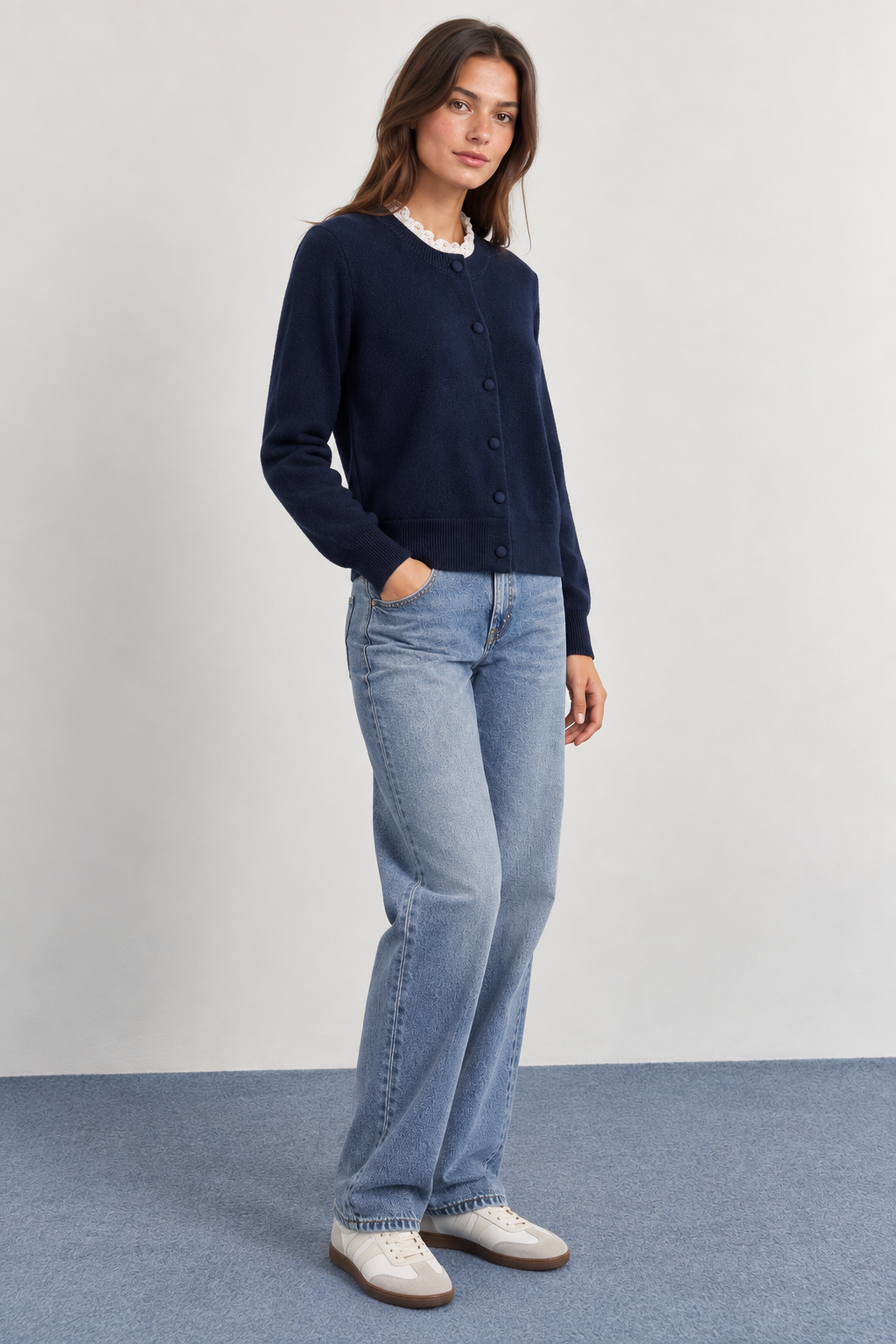 Knitted Cardigan with Lace Collar and Covered Buttons - A1628