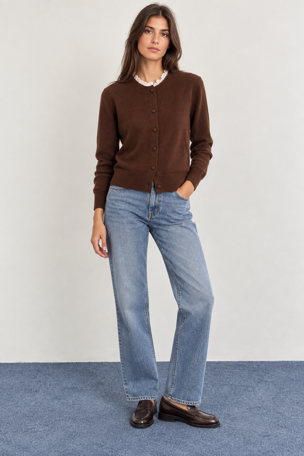 Knitted Cardigan with Lace Collar and Covered Buttons - A1628