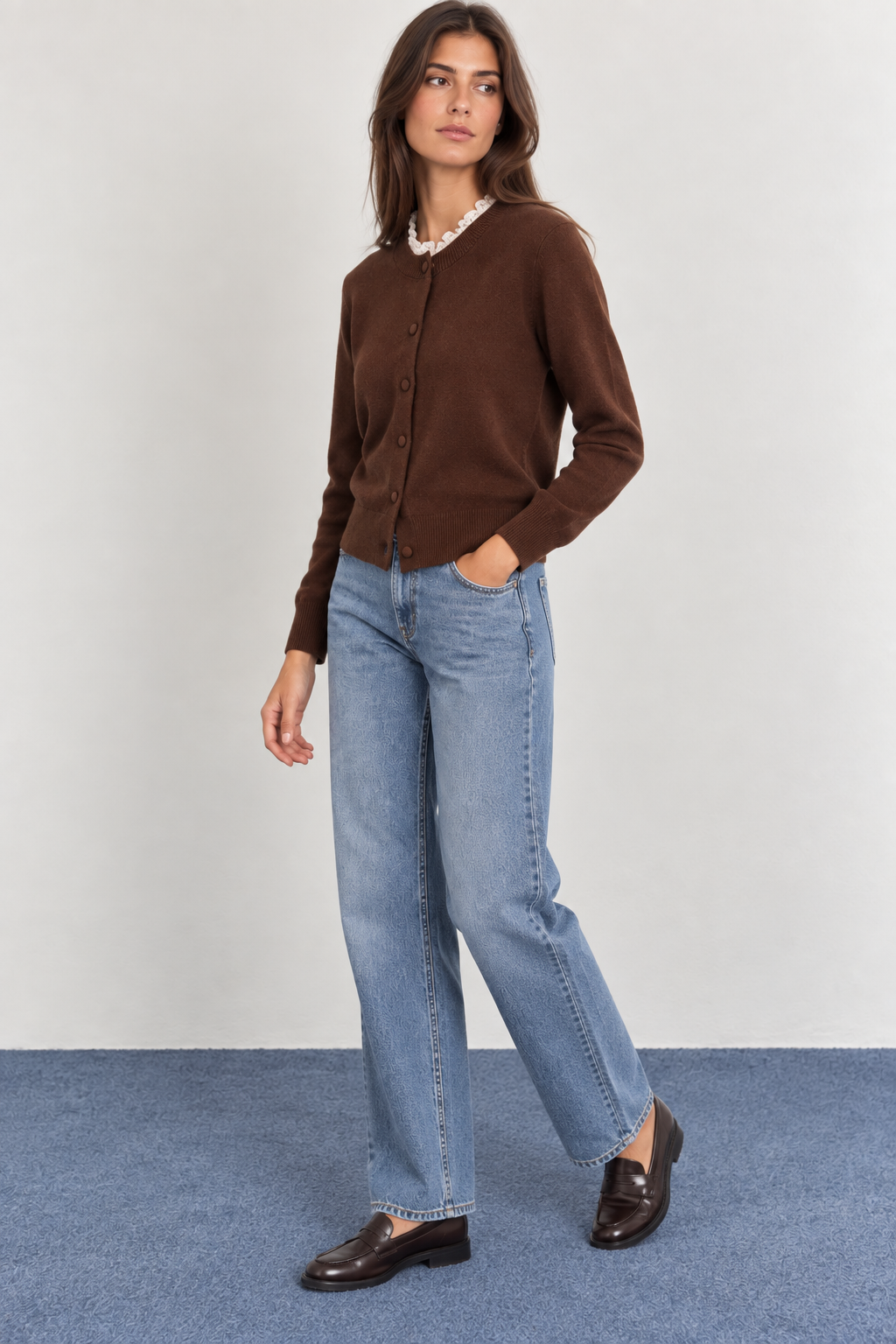 Knitted Cardigan with Lace Collar and Covered Buttons - A1628