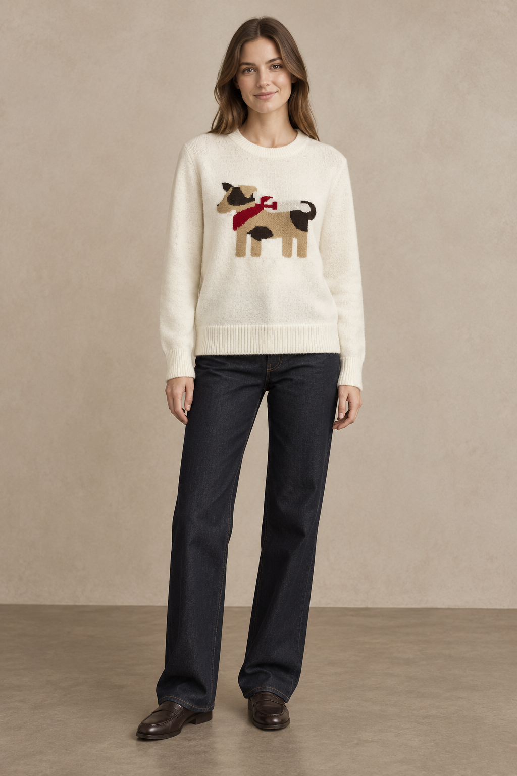 Dog Print Knit Sweater with Scarf - A1630
