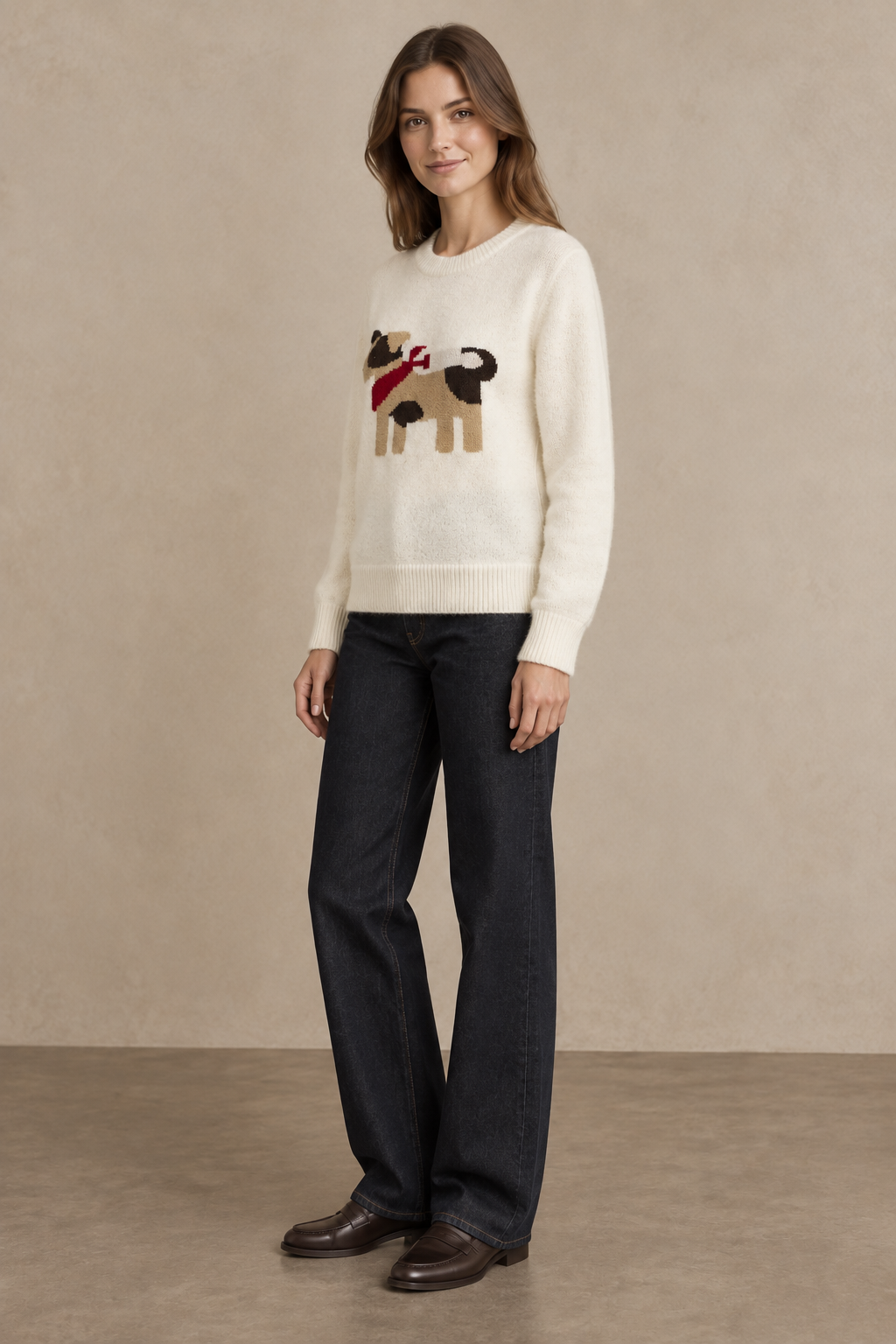 Dog Print Knit Sweater with Scarf - A1630