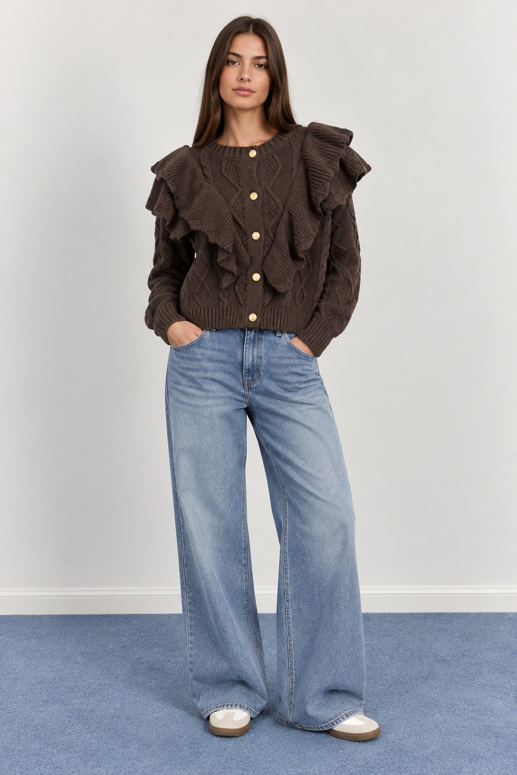 Chunky Cable-Knit Ruffled Cardigan - A1631